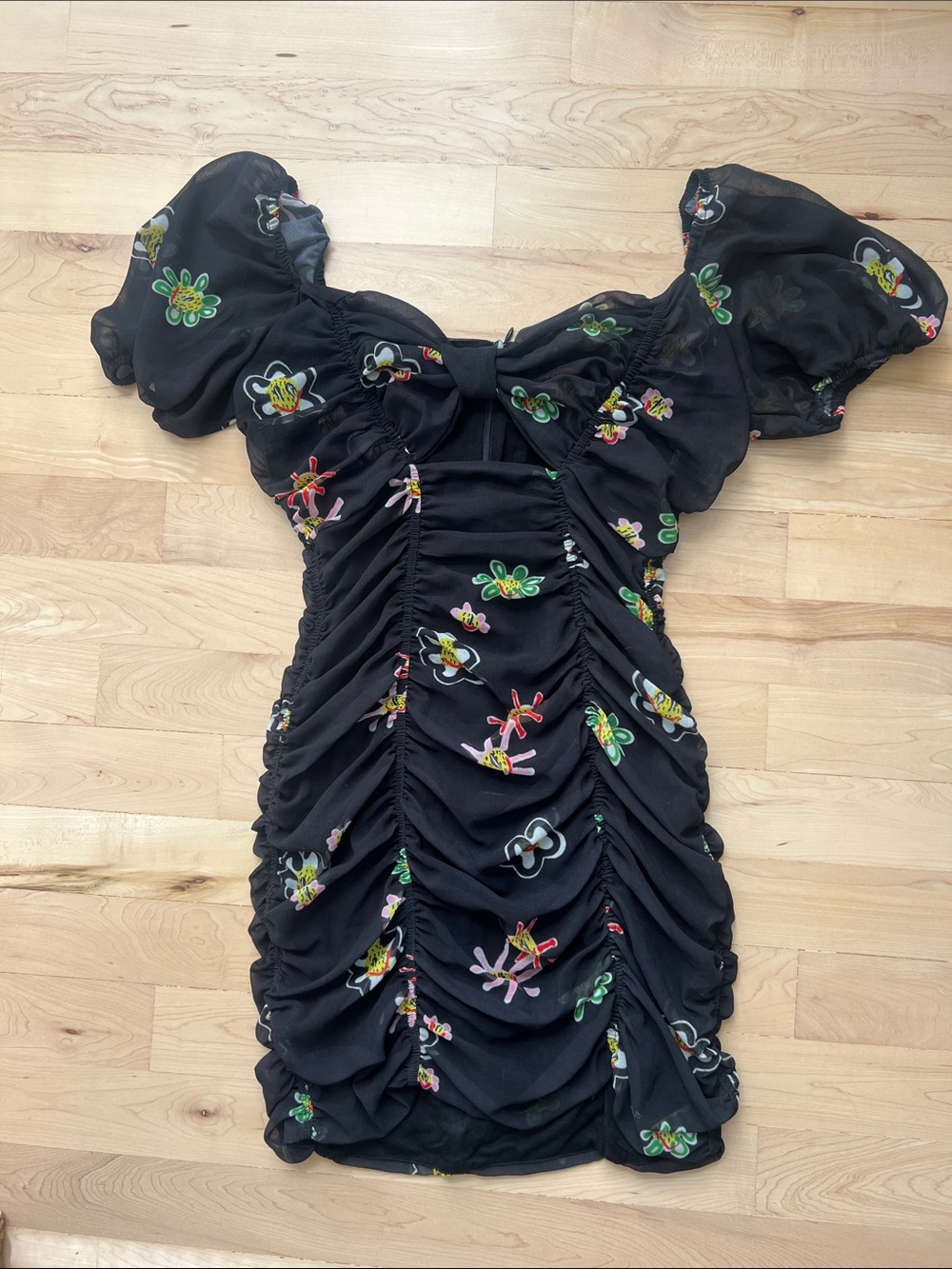 Desigual Black Floral Ruched Mini Dress with Puff Sleeves